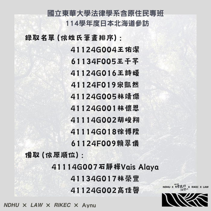 錄取名單（含備取）114學年度日本北海道參訪【跨域正義連結：愛努權利運動與原住民族青年對話】圖片