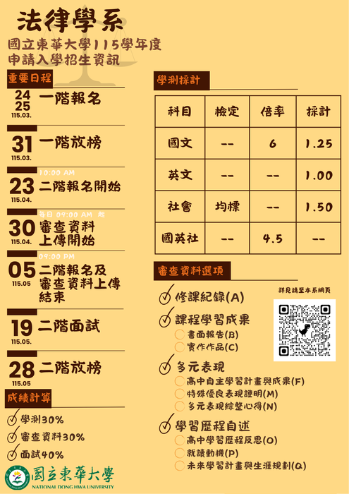 國立東華大學法律學系115學年度申請入學第二階段指定甄試項目準備指引圖片